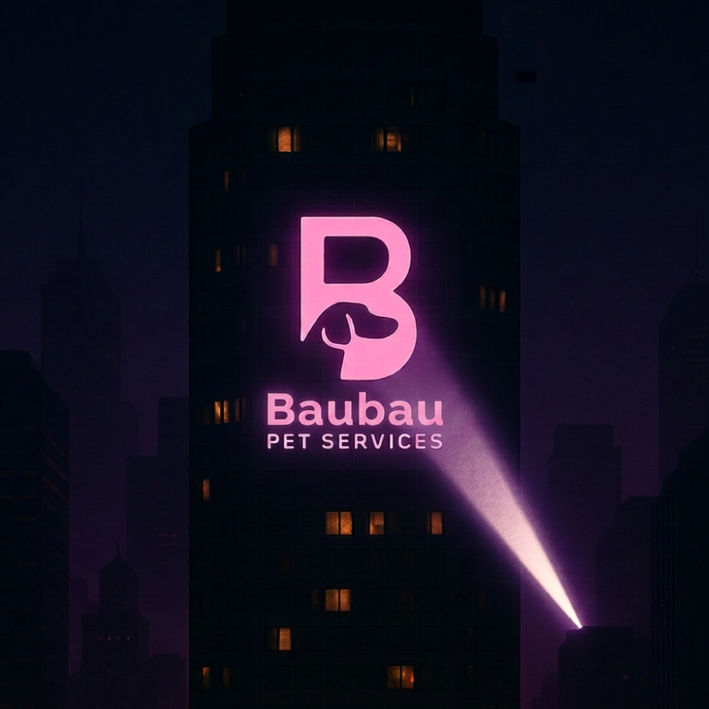 BauBau Pet Services illuminated on a building at night